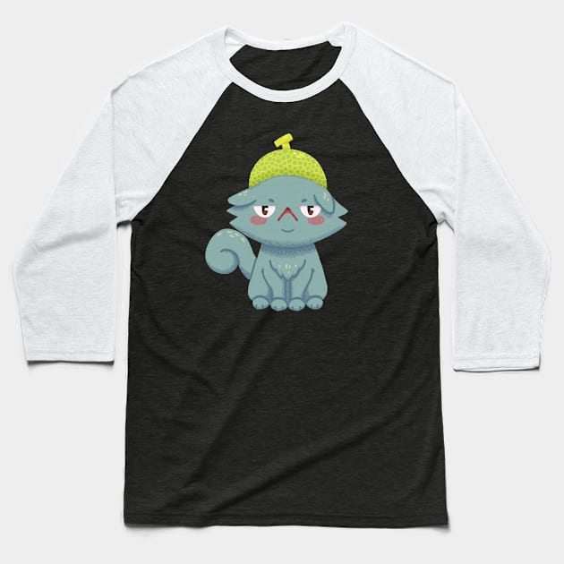 Disgruntled Melon Hat Cat Baseball T-Shirt by knitetgantt